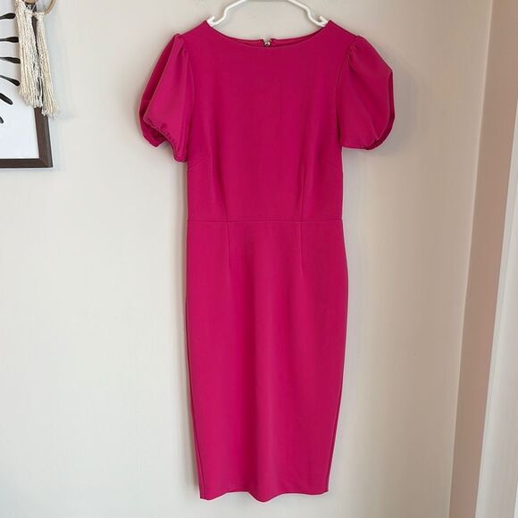 Alexia Admor Women’s ODETTE PUFF SLEEVES hot pink  midi DRESS size small EUC - Picture 4 of 15